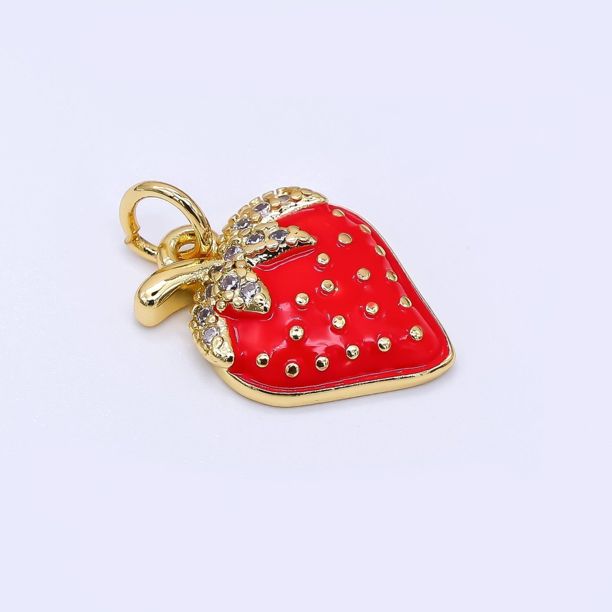 24K Gold Filled 16mm Micro Paved CZ Red Strawberry Fruit Charm | AF-549