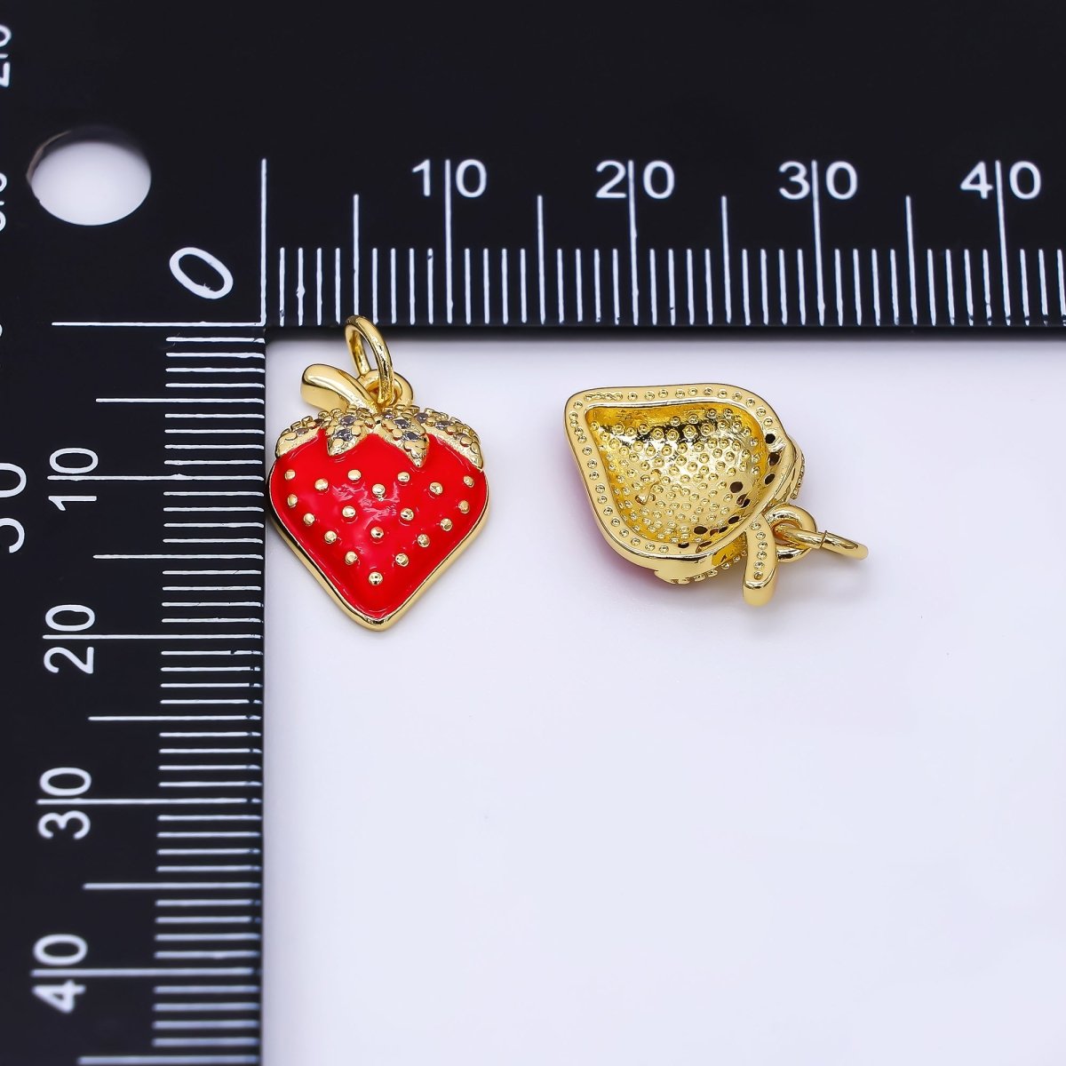 24K Gold Filled 16mm Micro Paved CZ Red Strawberry Fruit Charm | AF-549