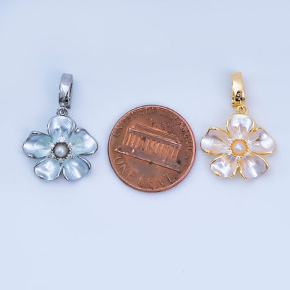 24K Gold Filled 16mm Micro Paved CZ Shell Pearl Flourish Blossom Flower Charm in Gold &amp; Silver| AA-1589