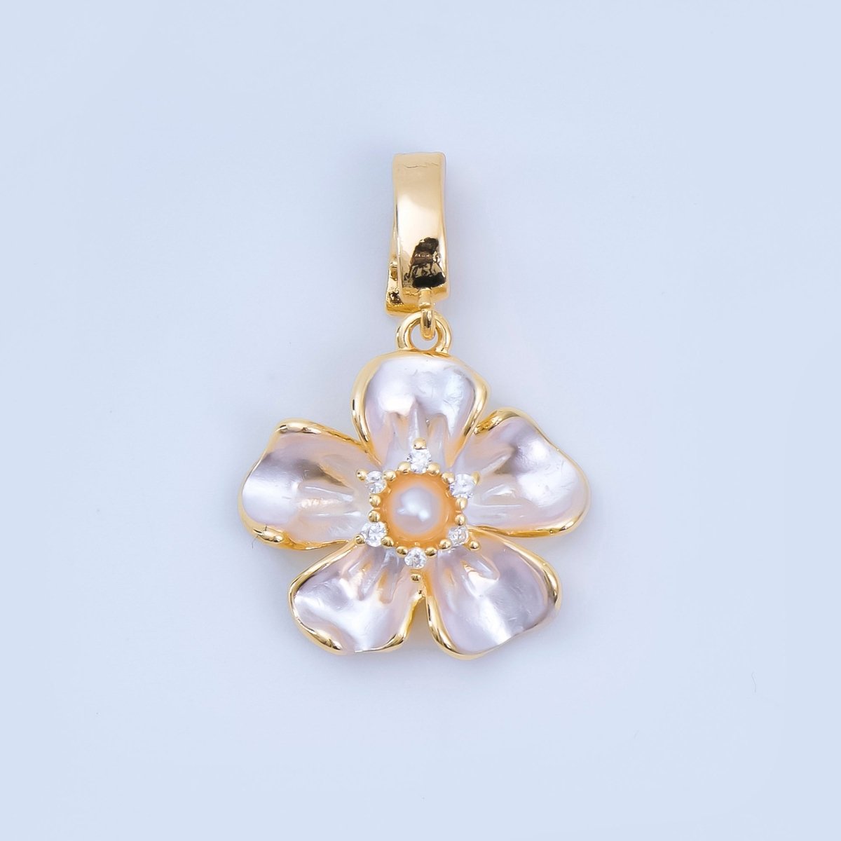 24K Gold Filled 16mm Micro Paved CZ Shell Pearl Flourish Blossom Flower Charm in Gold &amp; Silver| AA-1589