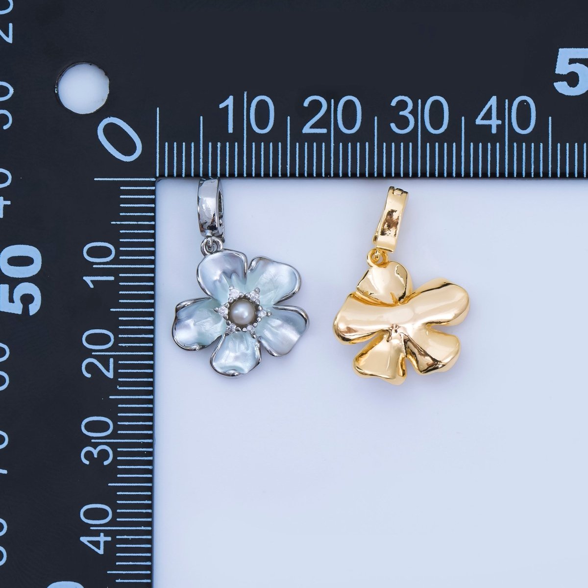 24K Gold Filled 16mm Micro Paved CZ Shell Pearl Flourish Blossom Flower Charm in Gold &amp; Silver| AA-1589