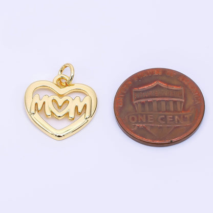 24K Gold Filled 16mm Minimalist Open "MOM" Heart Charm | AH559