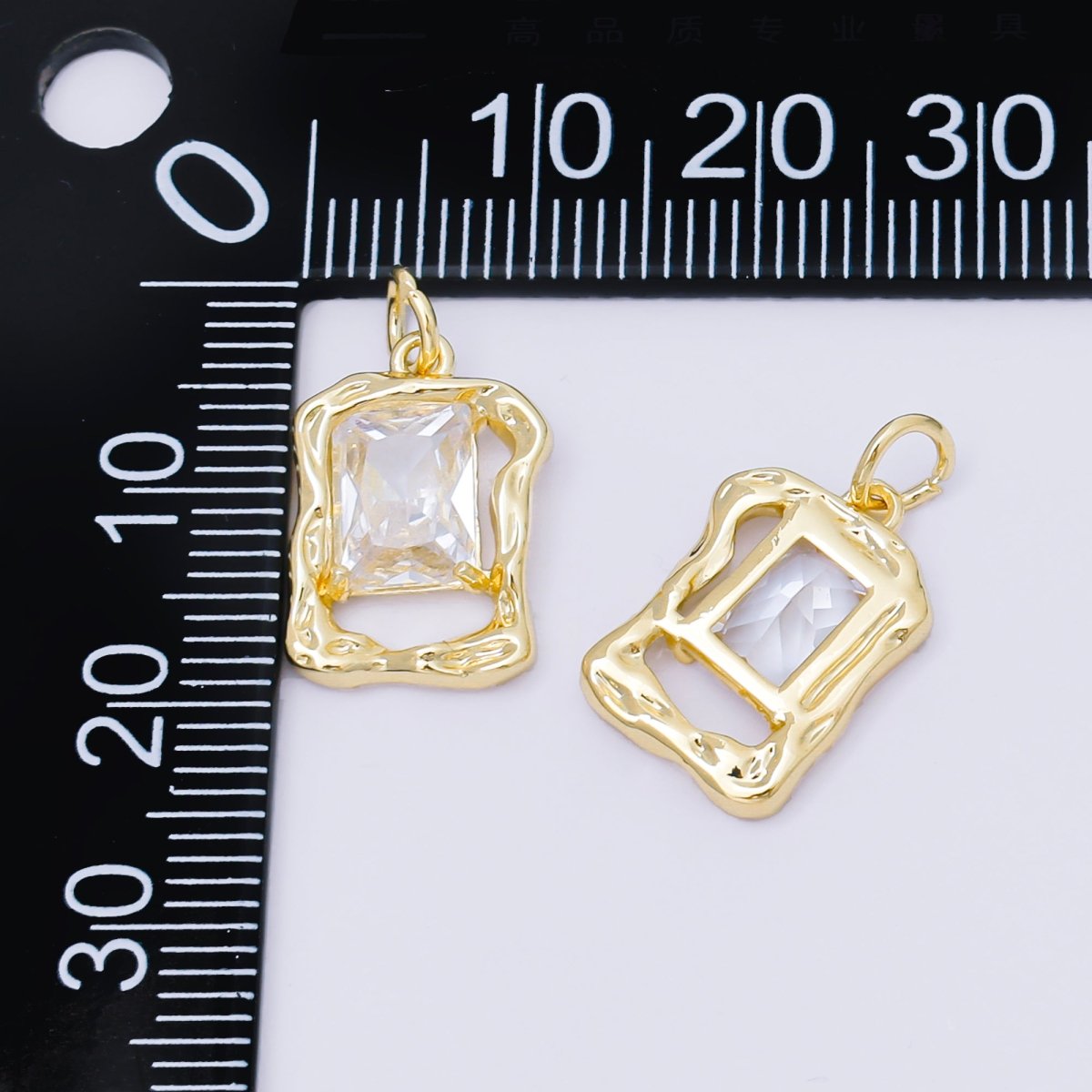 24K Gold Filled 16mm Clear Baguette CZ Open Rectangle Bezel Frame Charm | AF1250