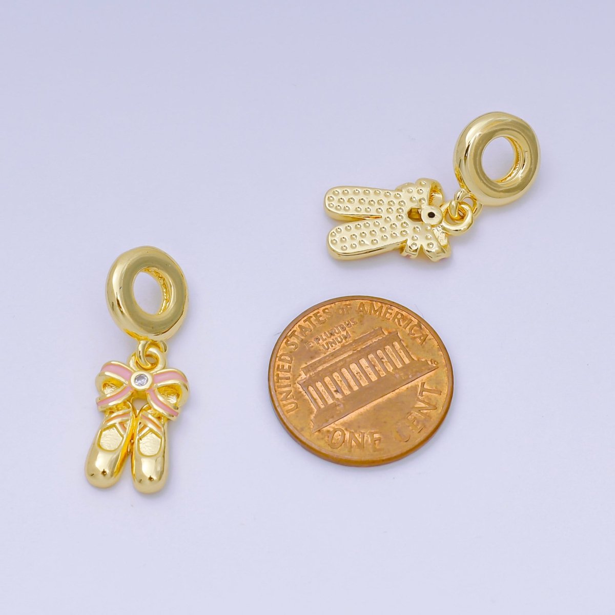 24K Gold Filled 16mm CZ Pink Enamel Ballet Flat Shoes Bow Drop Rondelle Charm | AH596