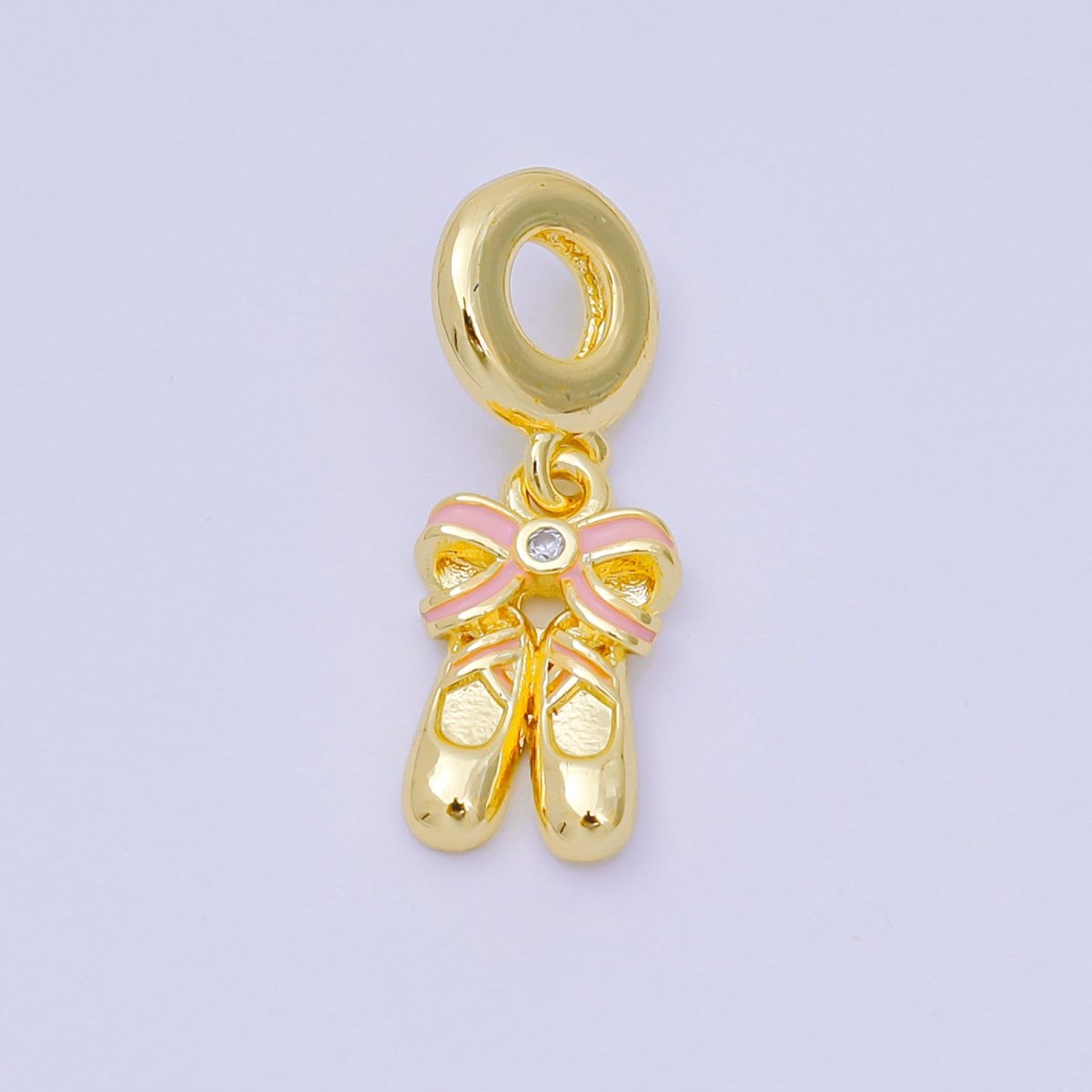 24K Gold Filled 16mm CZ Pink Enamel Ballet Flat Shoes Bow Drop Rondelle Charm | AH596