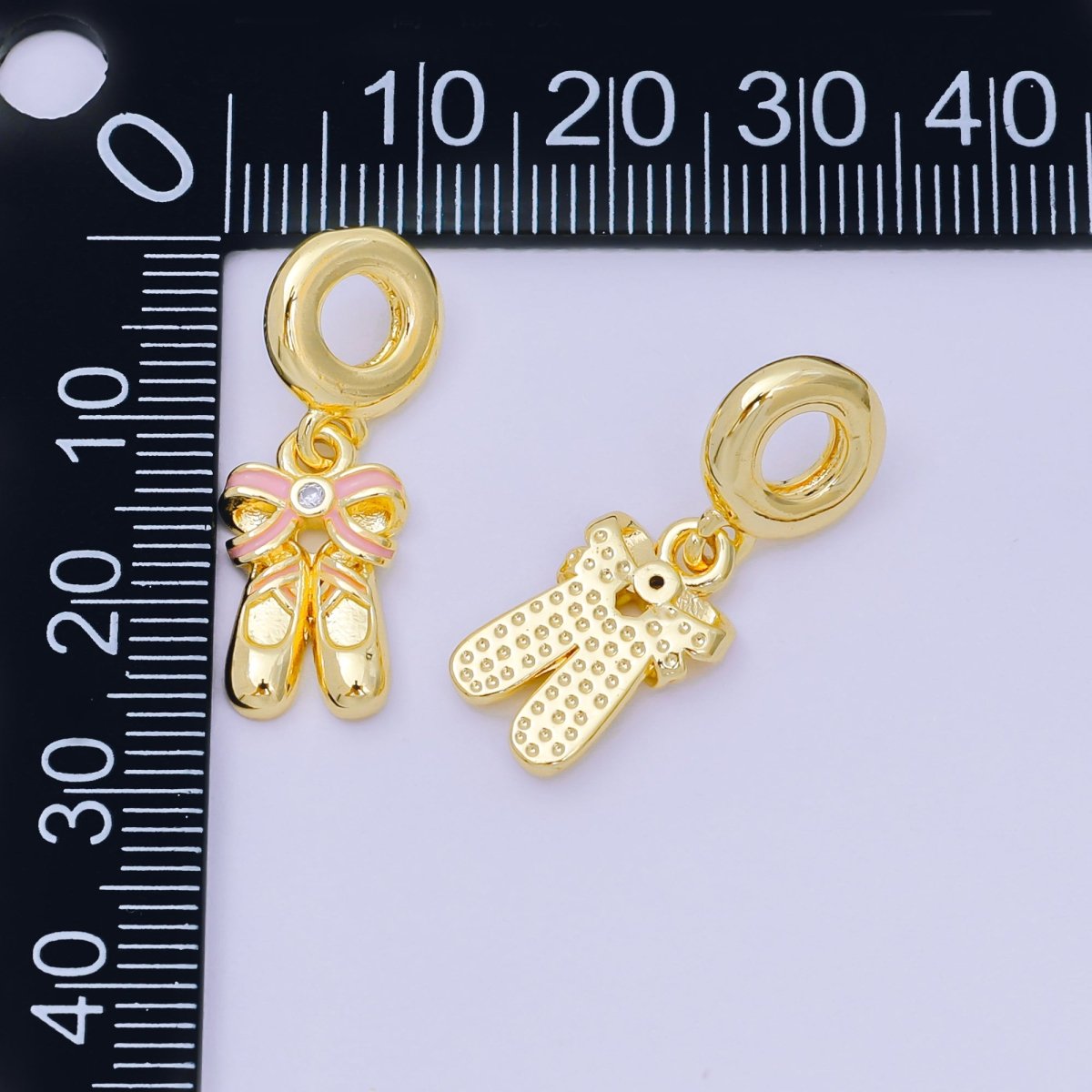 24K Gold Filled 16mm CZ Pink Enamel Ballet Flat Shoes Bow Drop Rondelle Charm | AH596