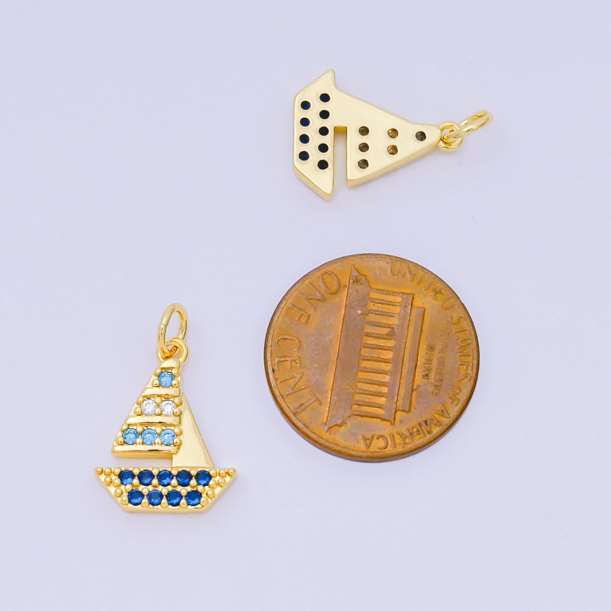 24K Gold Filled 16mm Gradient Blue Micro Paved CZ Sailing Ship Charm | D-353
