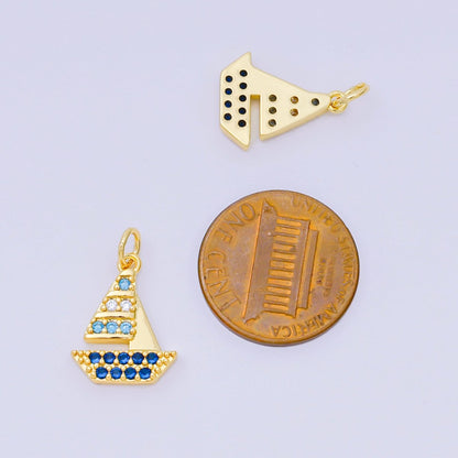 24K Gold Filled 16mm Gradient Blue Micro Paved CZ Sailing Ship Charm | D-353