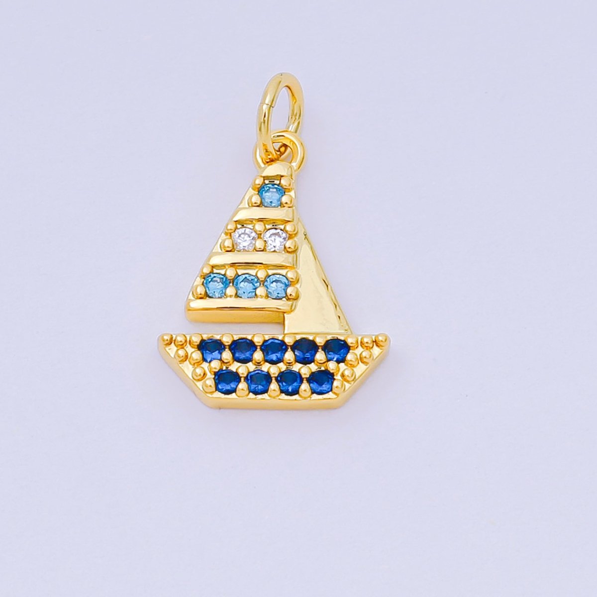 24K Gold Filled 16mm Gradient Blue Micro Paved CZ Sailing Ship Charm | D-353