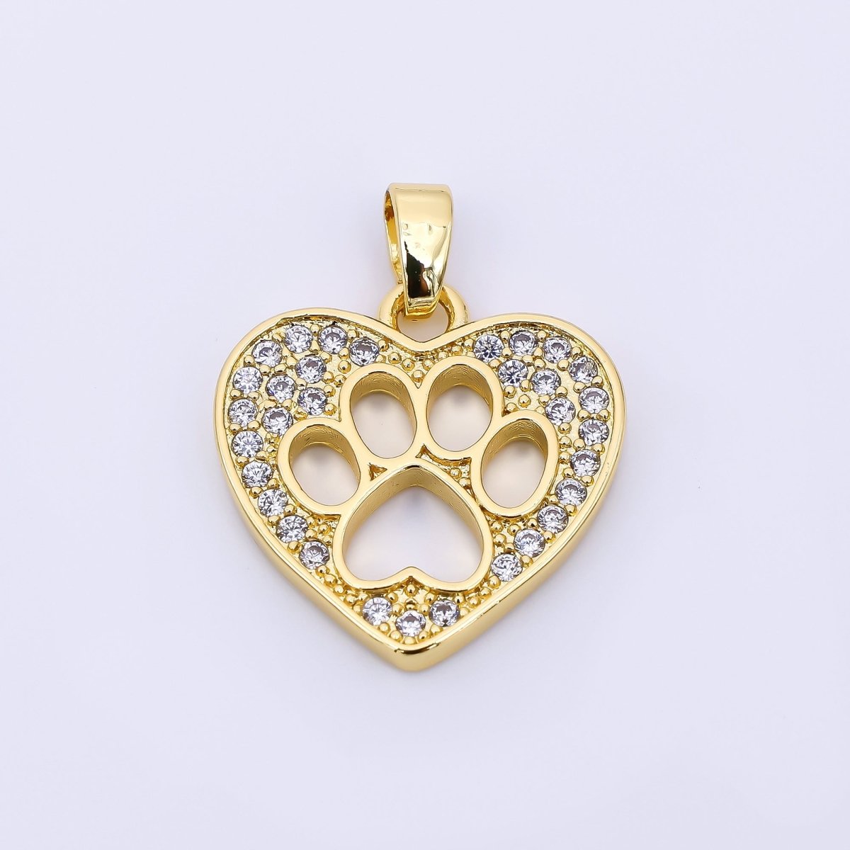 24K Gold Filled 17.5mm Micro Paved CZ Open Dog Pet Pawprint Heart Pendant | AH541