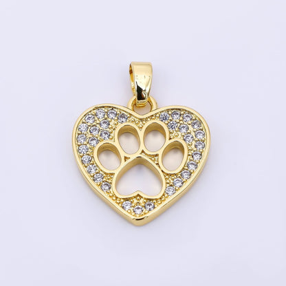 24K Gold Filled 17.5mm Micro Paved CZ Open Dog Pet Pawprint Heart Pendant | AH541