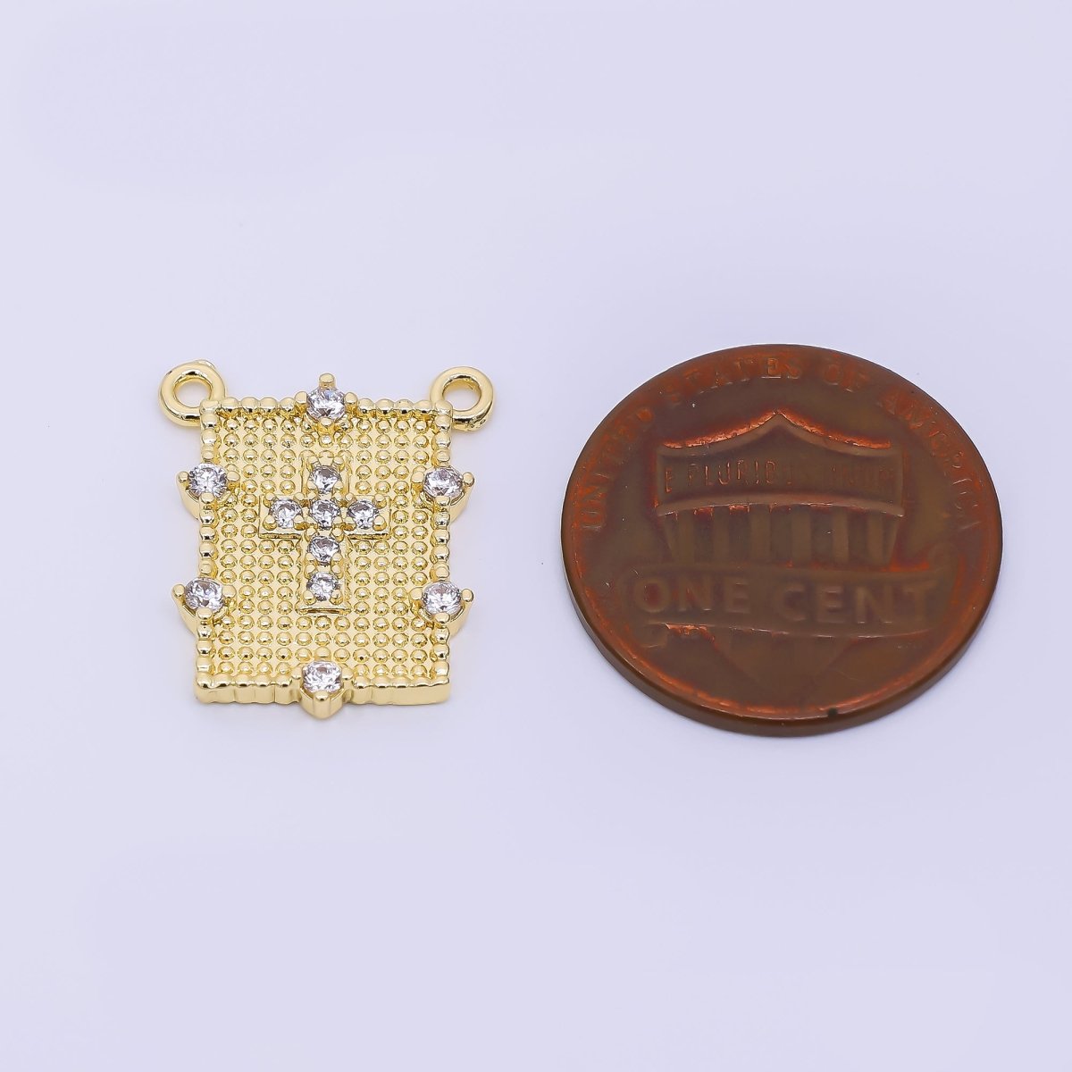 24K Gold Filled 17.5mm Micro Paved CZ Cross Dotted Rectangle Connector | Y-061