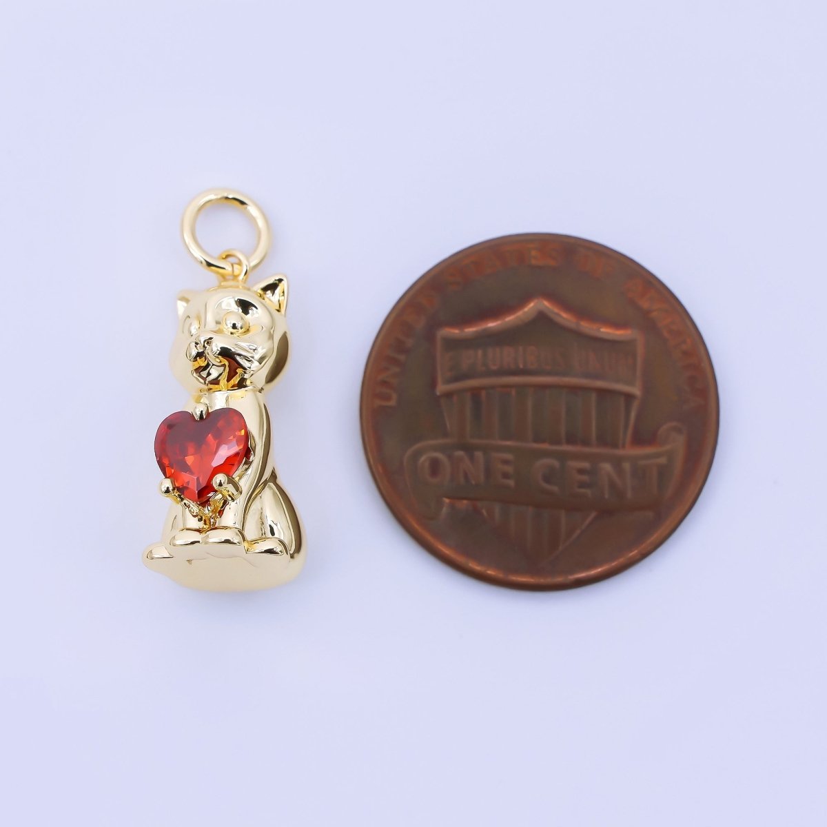 24K Gold Filled 17.5mm Red Heart CZ Kitty Cat Pet Charm | AJ398
