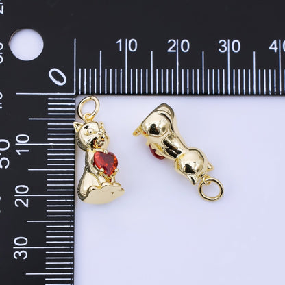 24K Gold Filled 17.5mm Red Heart CZ Kitty Cat Pet Charm | AJ398