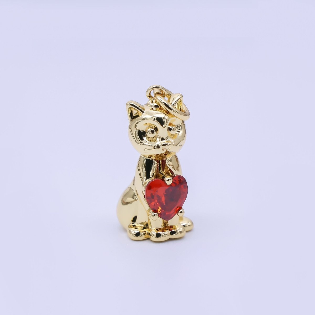 24K Gold Filled 17.5mm Red Heart CZ Kitty Cat Pet Charm | AJ398