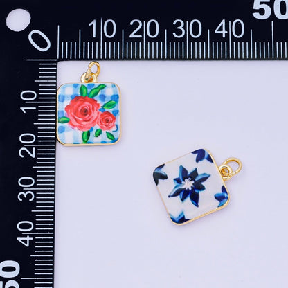 24K Gold Filled 17mm Enamel Art Square Red Rose Blue Flower Charm | AJ-518, AJ-537, AJ-527