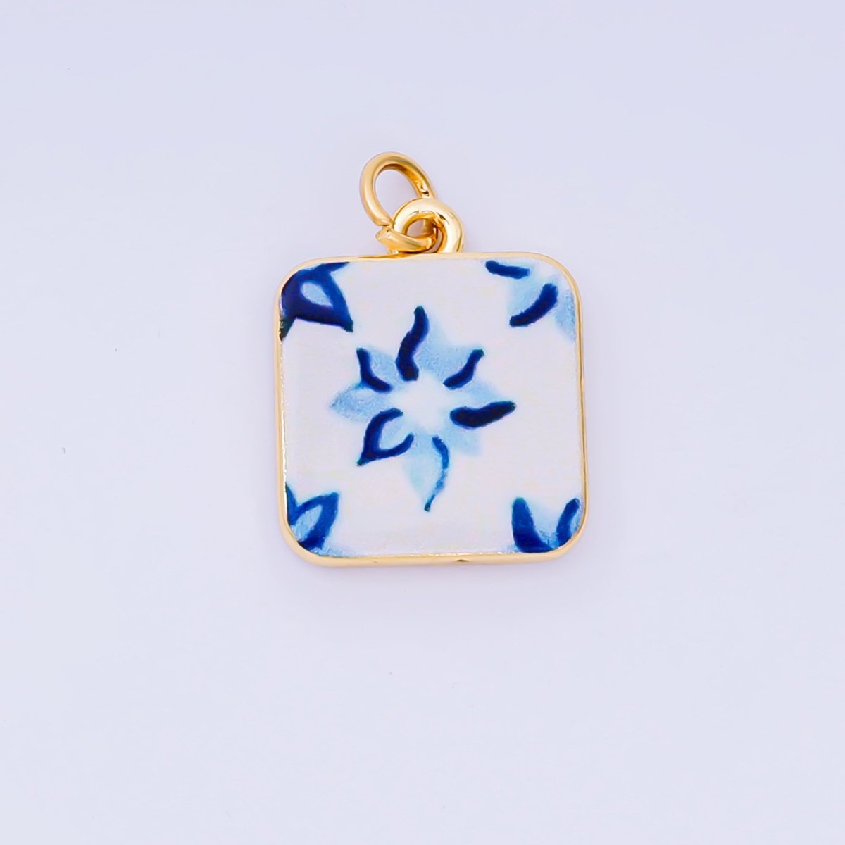 24K Gold Filled 17mm Enamel Art Square Red Rose Blue Flower Charm | AJ-518, AJ-537, AJ-527