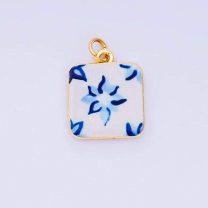 24K Gold Filled 17mm Enamel Art Square Red Rose Blue Flower Charm | AJ-518, AJ-537, AJ-527