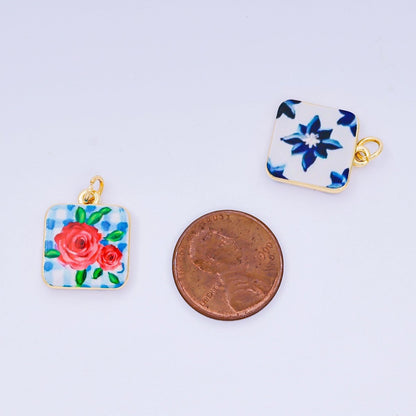 24K Gold Filled 17mm Enamel Art Square Red Rose Blue Flower Charm | AJ-518, AJ-537, AJ-527
