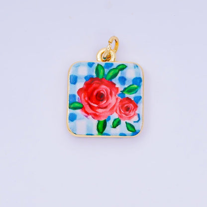 24K Gold Filled 17mm Enamel Art Square Red Rose Blue Flower Charm | AJ-518, AJ-537, AJ-527