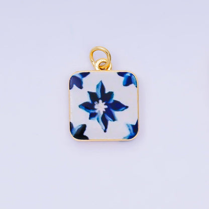 24K Gold Filled 17mm Enamel Art Square Red Rose Blue Flower Charm | AJ-518, AJ-537, AJ-527