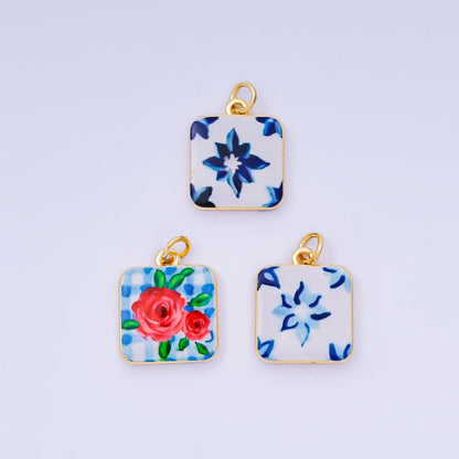 24K Gold Filled 17mm Enamel Art Square Red Rose Blue Flower Charm | AJ-518, AJ-537, AJ-527