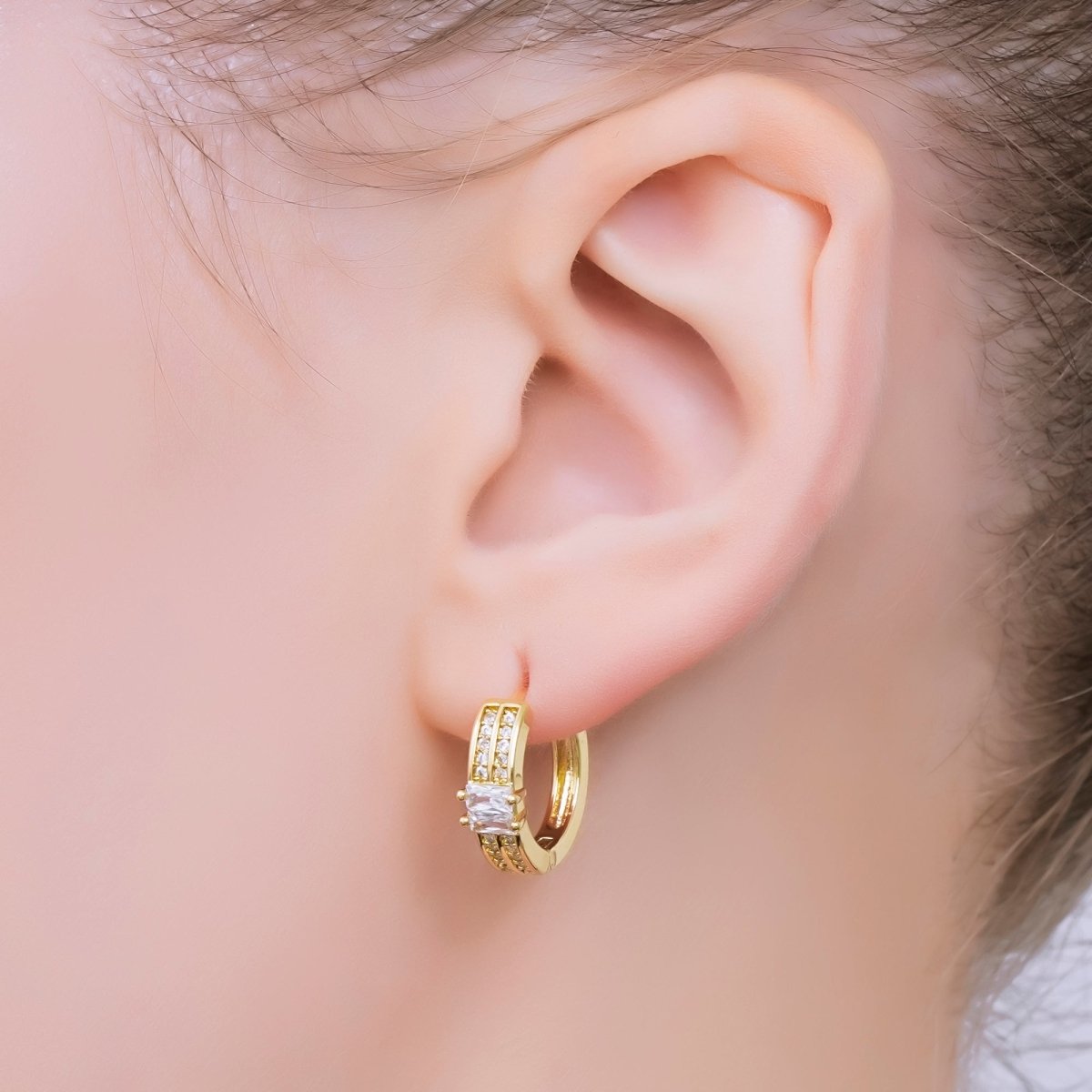 24K Gold Filled 17mm Micro Paved CZ Double Row Radiance Hinged Huggie Hoops Earrings in Gold &amp; Silver | AJ-123 AJ-124