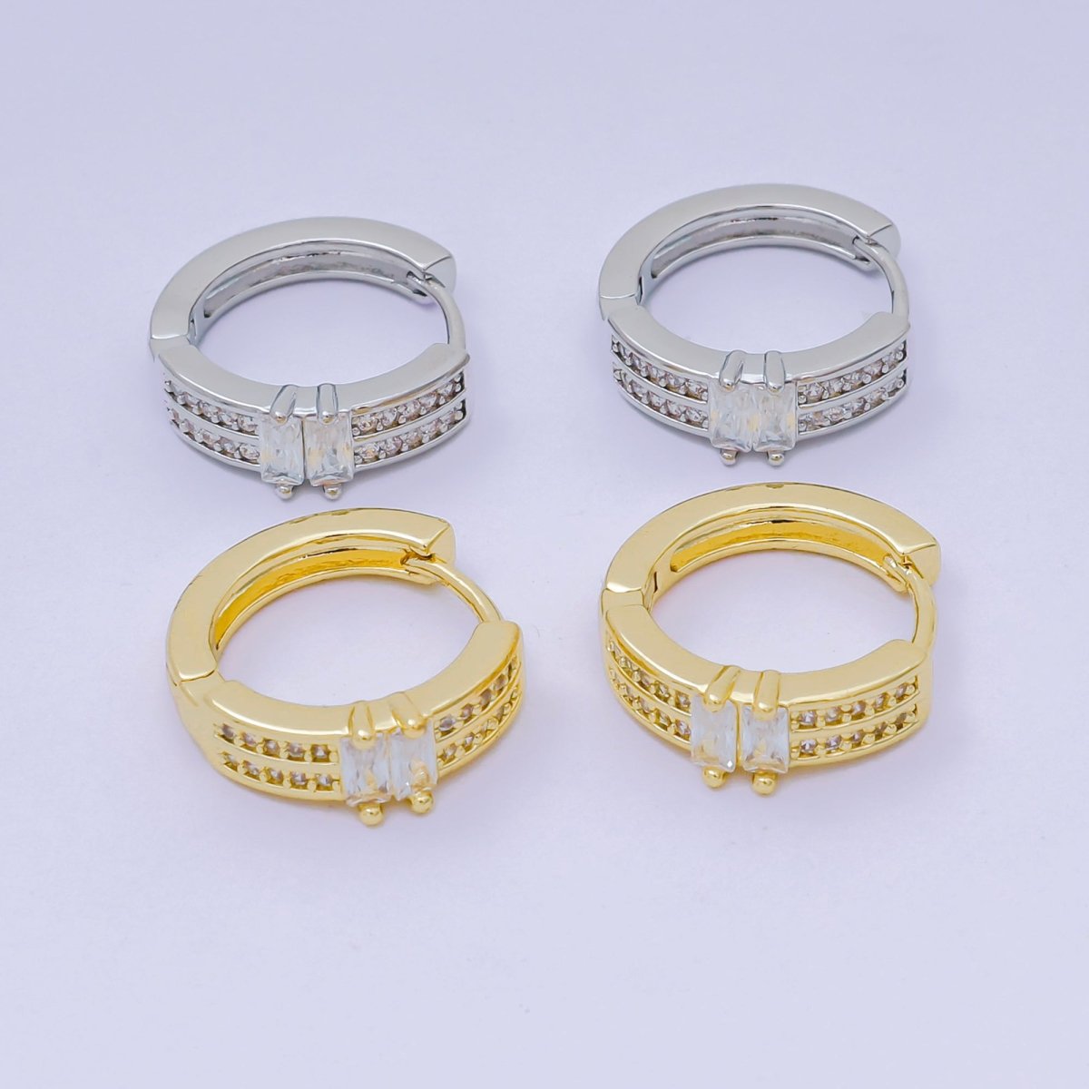 24K Gold Filled 17mm Micro Paved CZ Double Row Radiance Hinged Huggie Hoops Earrings in Gold &amp; Silver | AJ-123 AJ-124