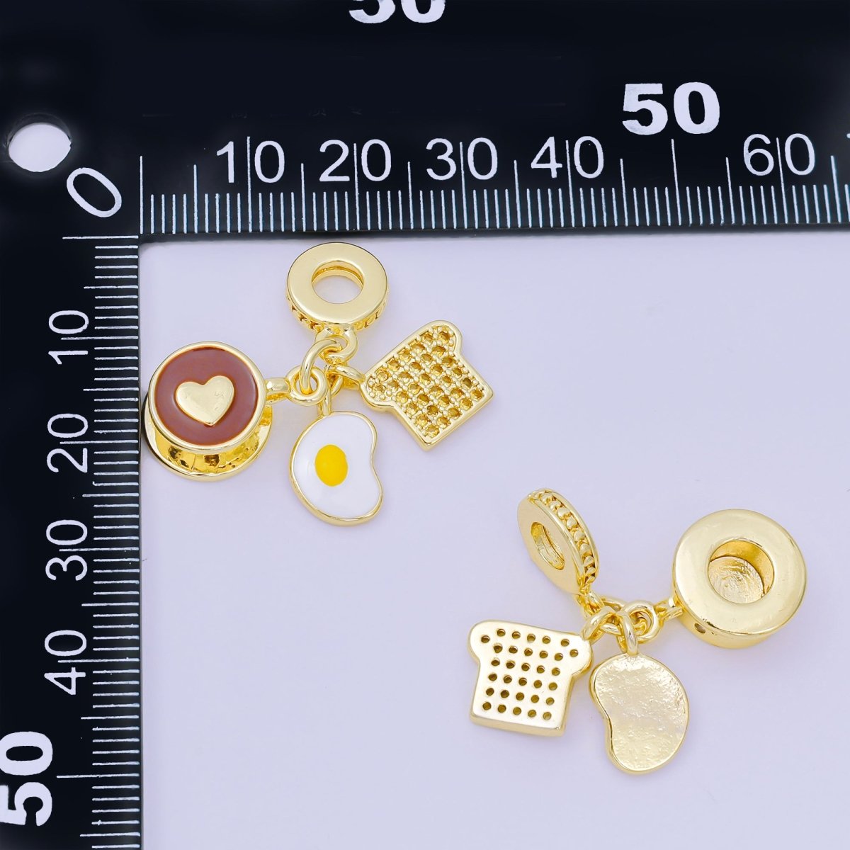24K Gold Filled 17mm Micro Paved CZ Enamel Art Breakfast Set Charm in Coffee, Egg, &amp; Bread | AH-595