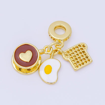 24K Gold Filled 17mm Micro Paved CZ Enamel Art Breakfast Set Charm in Coffee, Egg, &amp; Bread | AH-595