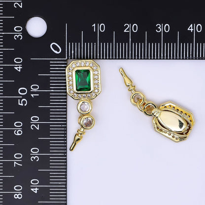 24K Gold Filled 17mm Micro Paved &amp; Emerald Green Rectangular CZ Push-In Clasp Closure Findings | Z-1267