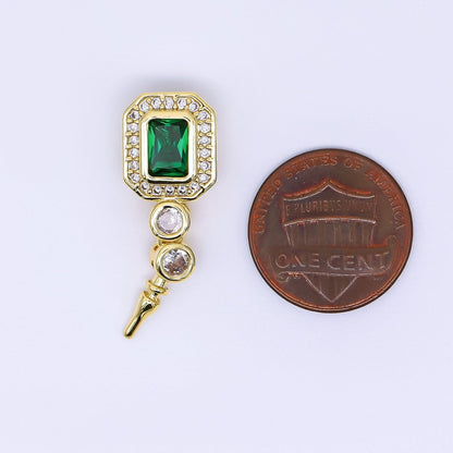 24K Gold Filled 17mm Micro Paved &amp; Emerald Green Rectangular CZ Push-In Clasp Closure Findings | Z-1267