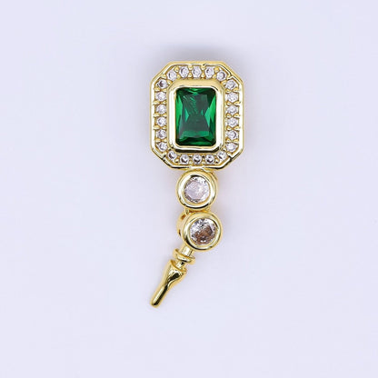 24K Gold Filled 17mm Micro Paved &amp; Emerald Green Rectangular CZ Push-In Clasp Closure Findings | Z-1267