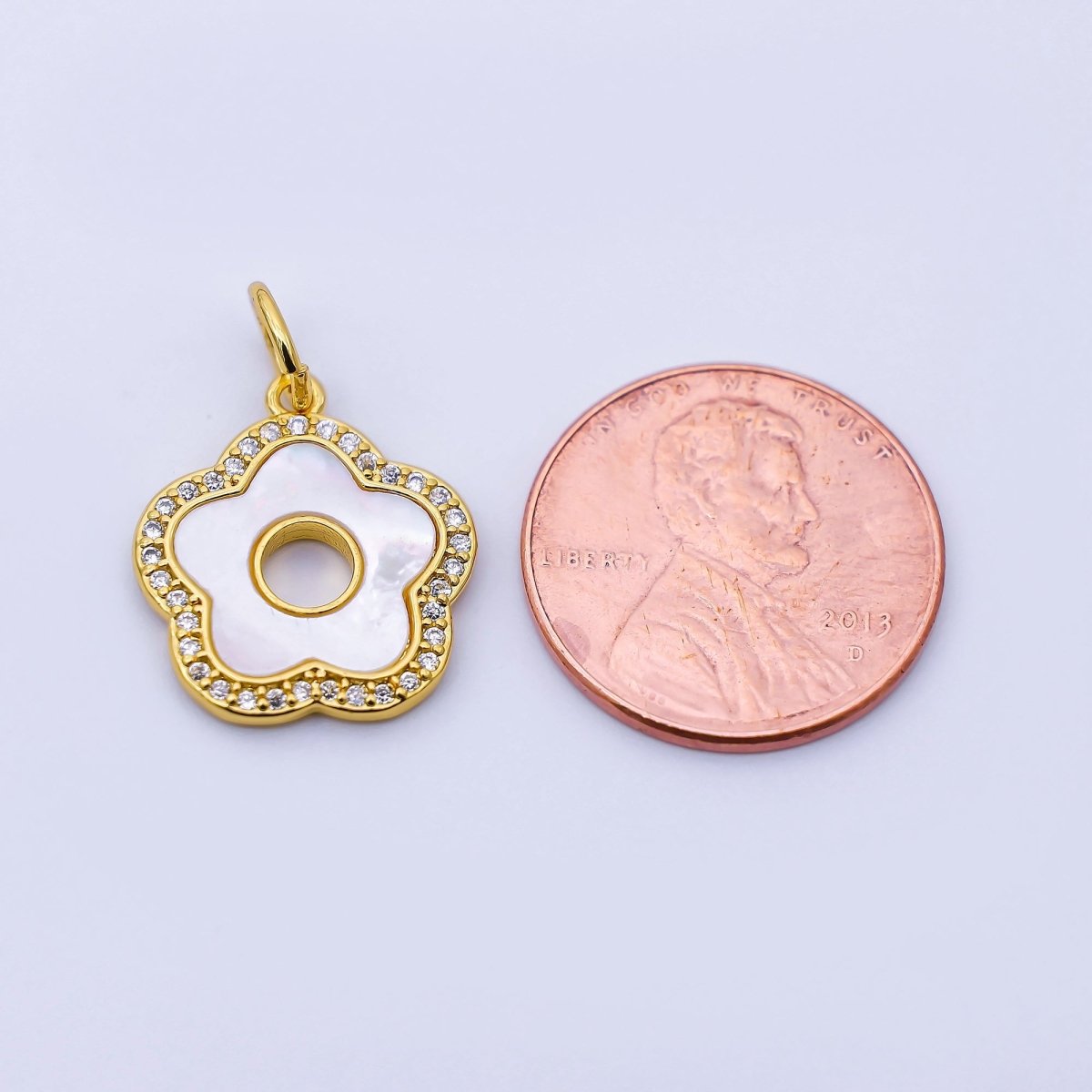 24K Gold Filled 17mm Open Shell Pearl Micro Paved CZ Flower Charm | C972