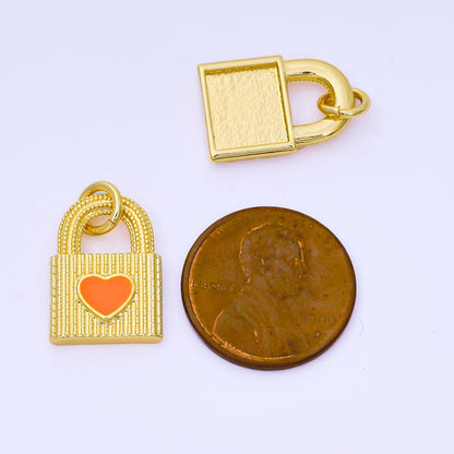 24K Gold Filled 17mm Orange Enamel Heart Dotted Lined Padlock Charm | AF1505