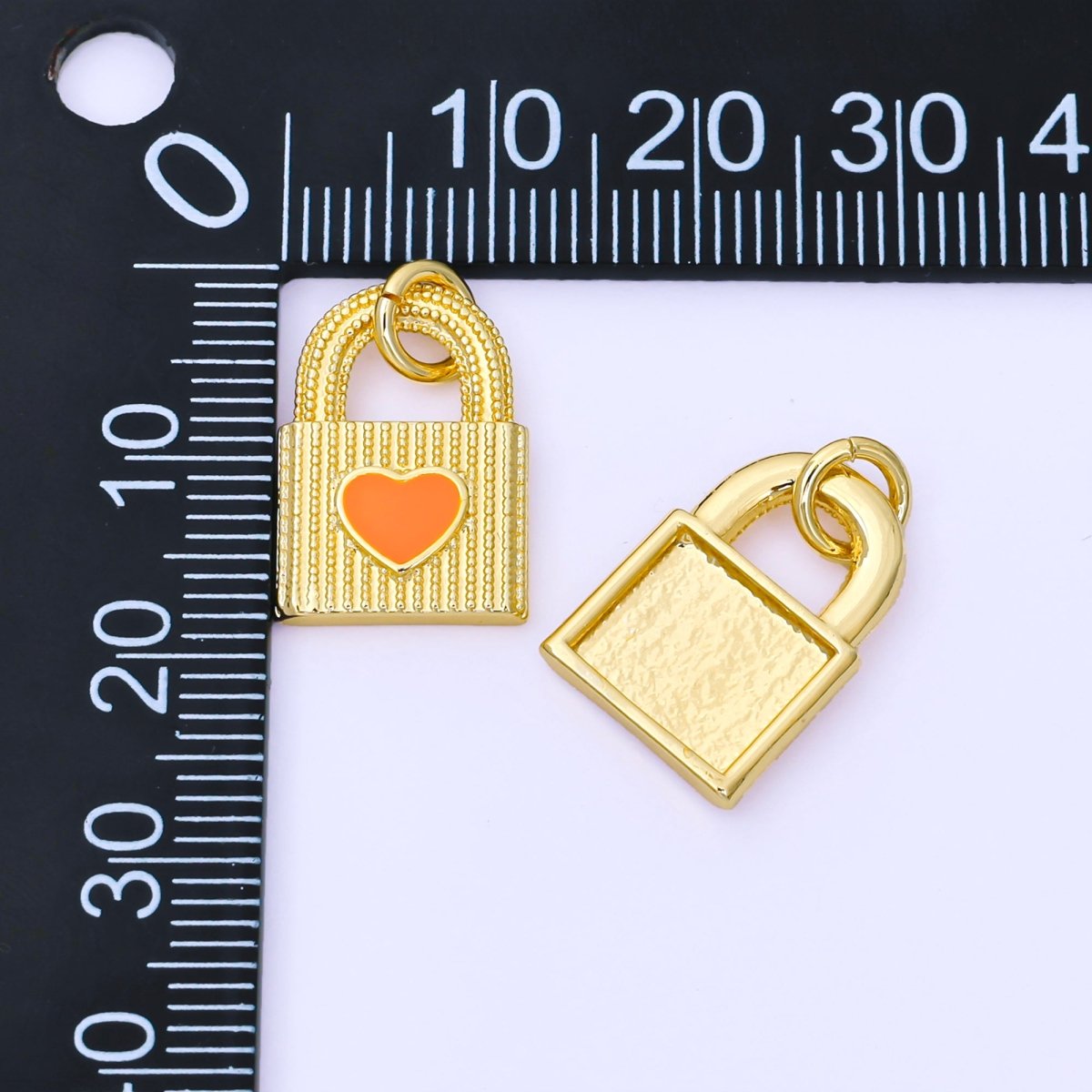 24K Gold Filled 17mm Orange Enamel Heart Dotted Lined Padlock Charm | AF1505