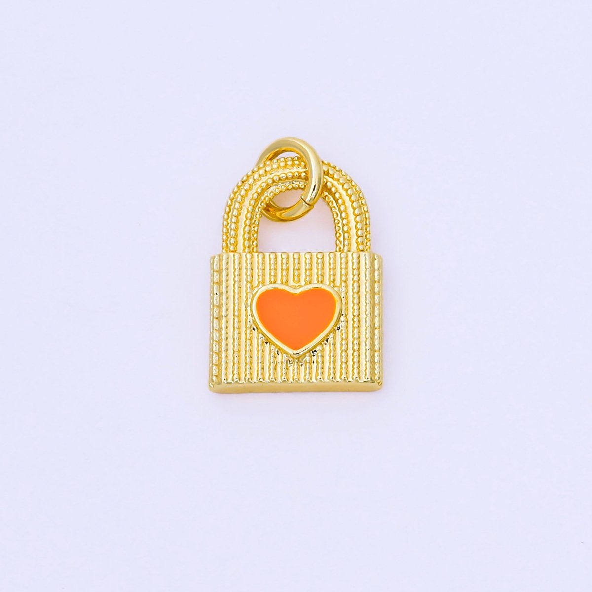 24K Gold Filled 17mm Orange Enamel Heart Dotted Lined Padlock Charm | AF1505