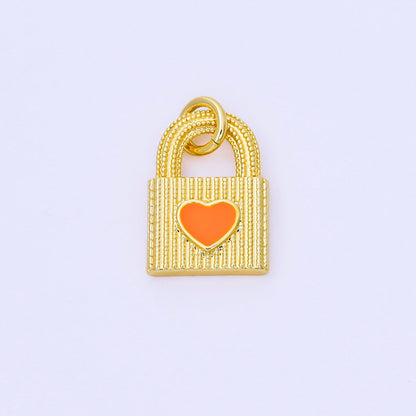 24K Gold Filled 17mm Orange Enamel Heart Dotted Lined Padlock Charm | AF1505