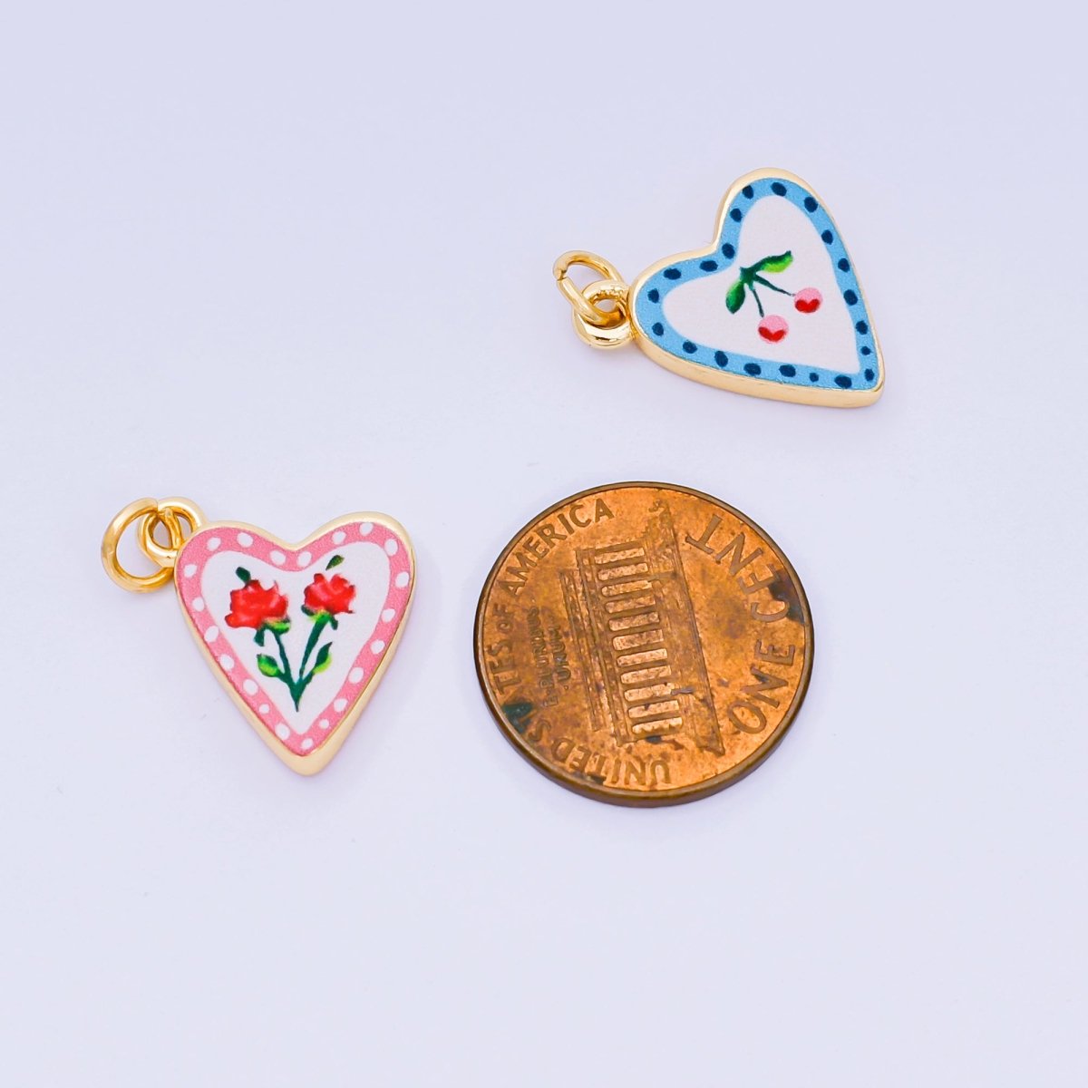 24K Gold Filled 17mm Rose, Cherry Enamel Heart Charm | AJ516 AJ524