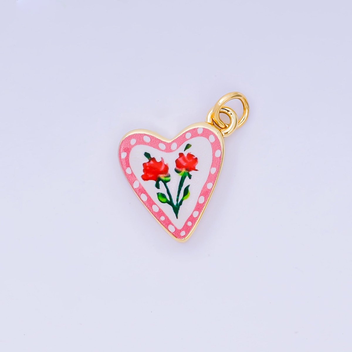 24K Gold Filled 17mm Rose, Cherry Enamel Heart Charm | AJ516 AJ524