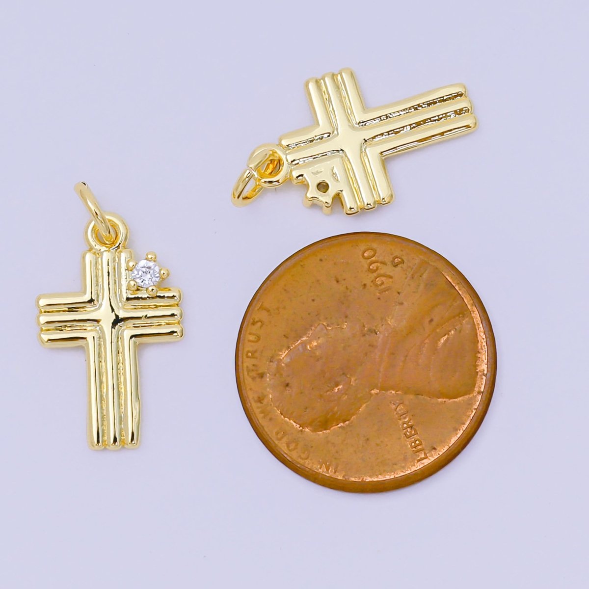 24K Gold Filled 17mm Clear CZ Ribbed Geometric Religious Cross Charm | AH639