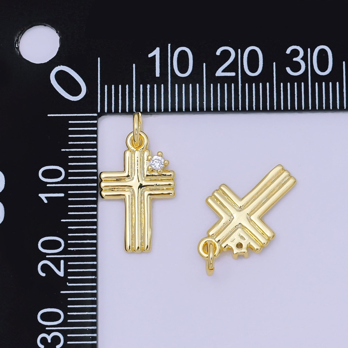24K Gold Filled 17mm Clear CZ Ribbed Geometric Religious Cross Charm | AH639