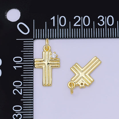 24K Gold Filled 17mm Clear CZ Ribbed Geometric Religious Cross Charm | AH639
