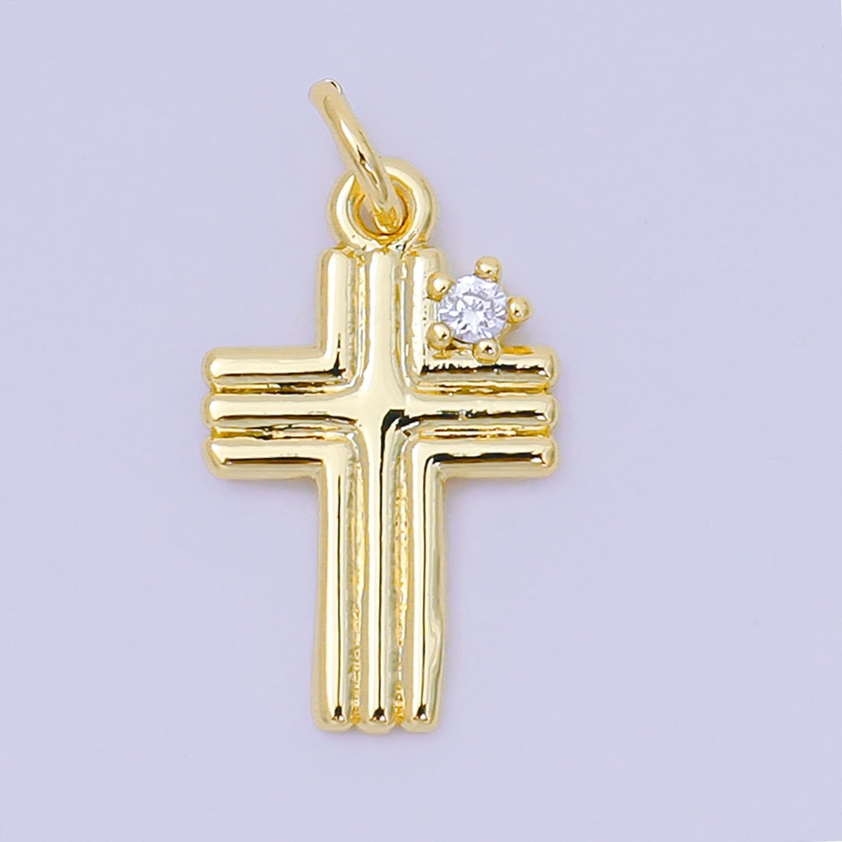 24K Gold Filled 17mm Clear CZ Ribbed Geometric Religious Cross Charm | AH639