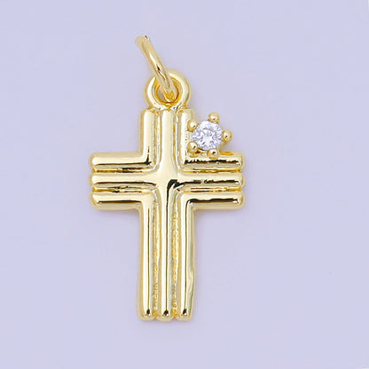 24K Gold Filled 17mm Clear CZ Ribbed Geometric Religious Cross Charm | AH639