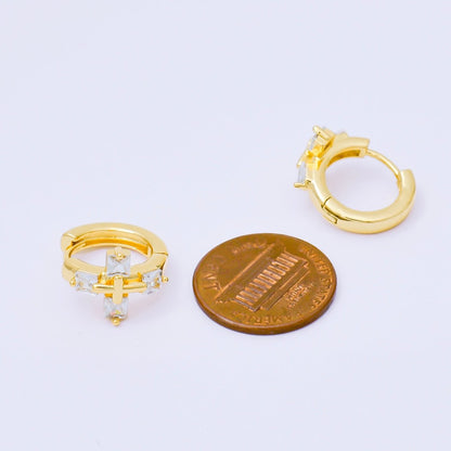 24K Gold Filled 17mm Square Baguette CZ Religious Cross Huggie Earrings | AB1565