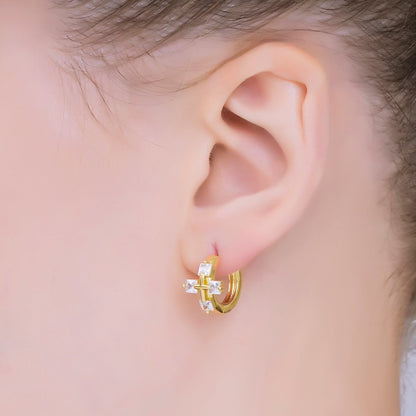 24K Gold Filled 17mm Square Baguette CZ Religious Cross Huggie Earrings | AB1565