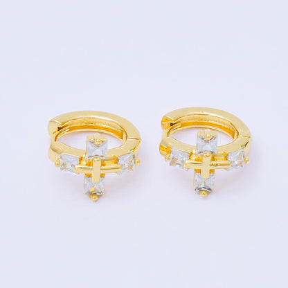 24K Gold Filled 17mm Square Baguette CZ Religious Cross Huggie Earrings | AB1565