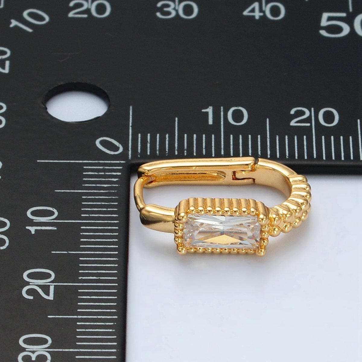 24K Gold Filled 18mm Baguette CZ Dotted Oblong Huggie Earrings | T093