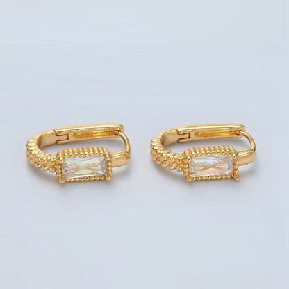 24K Gold Filled 18mm Baguette CZ Dotted Oblong Huggie Earrings | T093